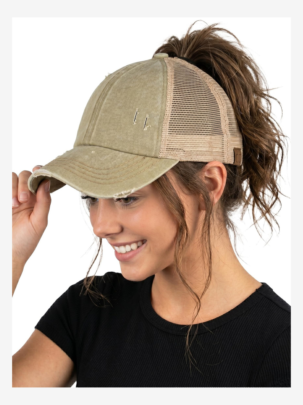 Criss Cross Ponytail Cap, Messy Bun | Beige Mesh, Olive (Distressed) | Size OS